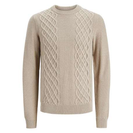 Pull en coton et laine écru uni coupe droite avec un col rond