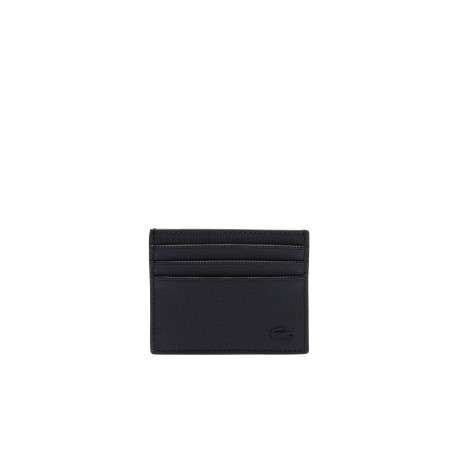 Porte-cartes en cuir grainé noir uni avec crocodile ton sur ton à l'avant
