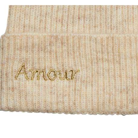 Bonnet à revers écru chiné en laine mélangée avec inscription brodée - Image 3