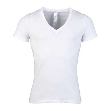 T-Shirt blanc en v-coton elasthanne v-uni coupe v-courte col v-col v