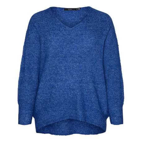 Pull bleu chiné avec une coupe ample un col v et des manches longues