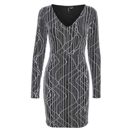 Robe courte noire rayé à coupe ajustée col v et à manches longues