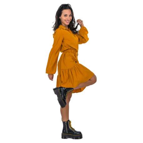 Robe courte jaune unie à coupe péplum col v à revers et à manches longues - Image 4