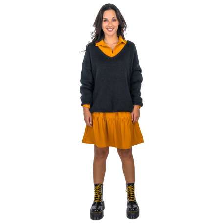 Robe courte jaune unie à coupe péplum col v à revers et à manches longues - Image 2
