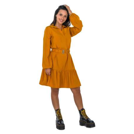 Robe courte jaune unie à coupe péplum col v à revers et à manches longues