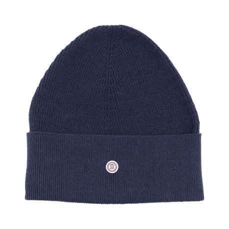 Bonnet en coton marine uni à revers avec logo de la marque au centre