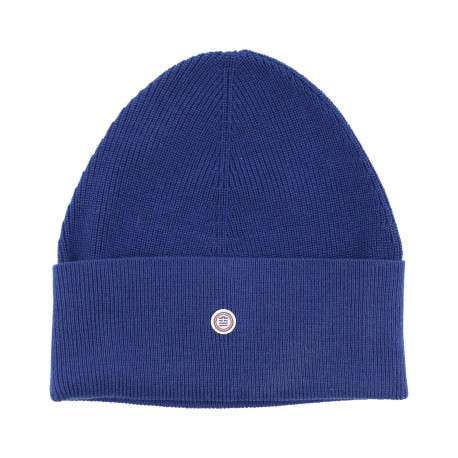 Bonnet en coton bleu uni à revers avec logo de la marque au centre