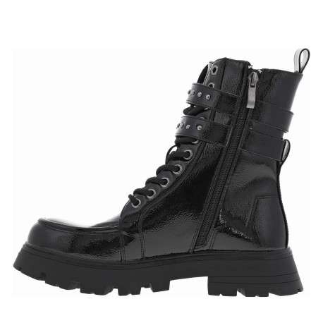 Bottines noires vernis à semelle crantée à talon plat et à zip