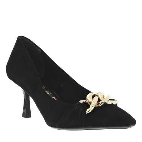 Escarpins en cuir noirs effet daim à talon aiguille avec chaîne doré métallique à l'avant - Image 2
