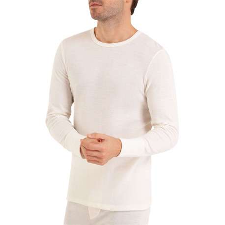 T-shirt blanc en laine mélangée avec col rond et coupe droite - Image 3