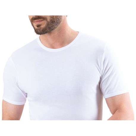 T-shirt en coton blanc uni avec coupe près du corps et un col rond - Image 3