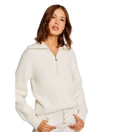 Pull écru uni avec une coupe droite à col montant et une fermeture zippée - Image 11