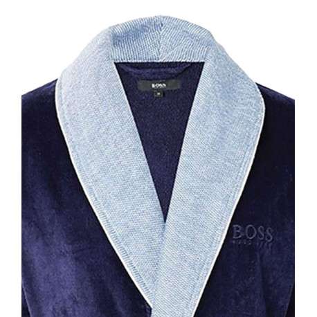 Peignoir d'intérieur bleu marine en velours avec un col châle et deux poches latérales - Image 3