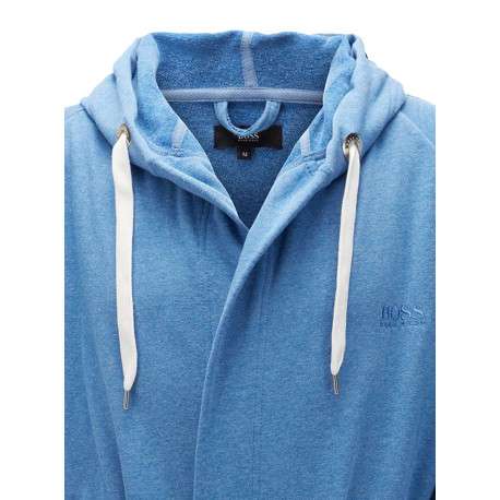 Peignoir à capuche bleue en coton mélangé avec liseré blancs et ceinture ton sur ton - Image 2