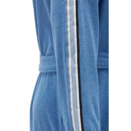 Peignoir à capuche bleue en coton mélangé avec liseré blancs et ceinture ton sur ton - Image 3
