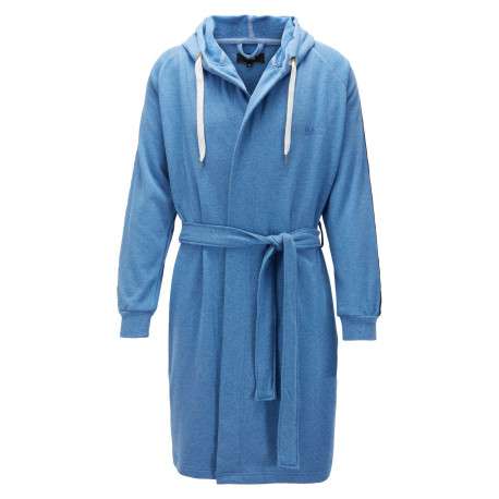 Peignoir à capuche bleue en coton mélangé avec liseré blancs et ceinture ton sur ton