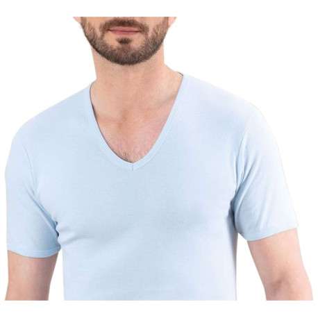 Tee-shirt moulant Héritage en pur coton bleu ciel à col V et manches courtes - Image 2