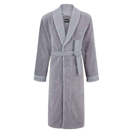 Peignoir gris en coton texturé avec un logo brodé ton sur ton