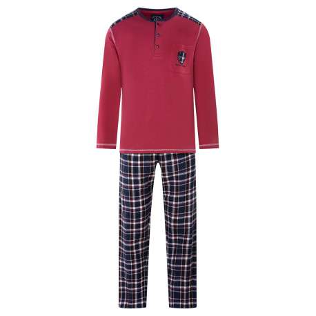 Pyjama long en coton rouge à carreaux avec une coupe droite et un col tunisien