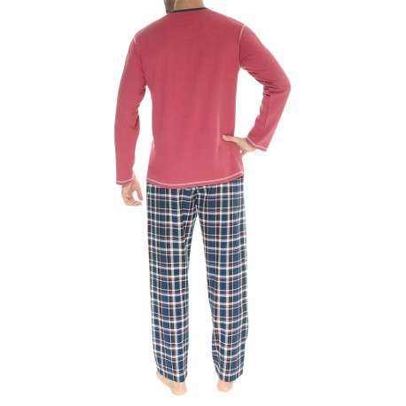 Pyjama long en coton rouge à carreaux avec une coupe droite et un col tunisien - Image 2