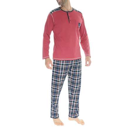 Pyjama long en coton rouge à carreaux avec une coupe droite et un col tunisien - Image 3