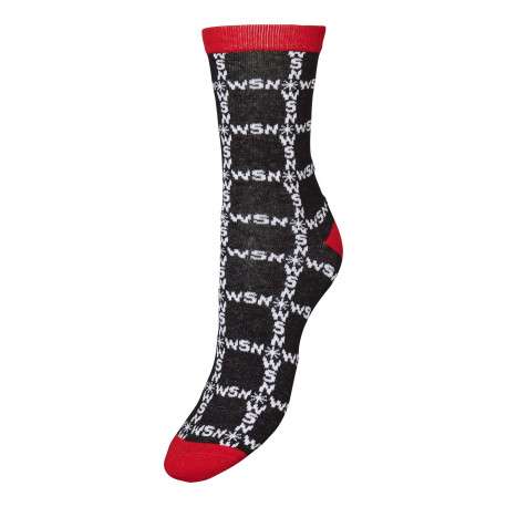 Chaussettes noires, blanches et rouge avec inscriptions et une coupe haute