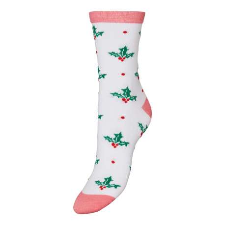 Chaussettes hautes blanches, vertes et rouges avec un imprimé houx