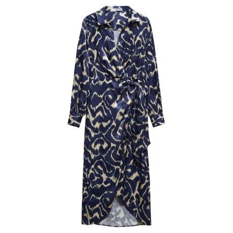 Robe longue bleue imprimé abstrait avec une coupe midi et un col v à revers