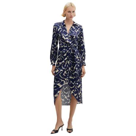 Robe longue bleue imprimé abstrait avec une coupe midi et un col v à revers - Image 2