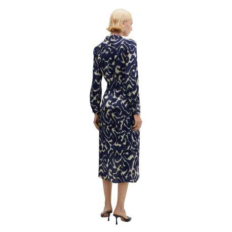 Robe longue bleue imprimé abstrait avec une coupe midi et un col v à revers - Image 3