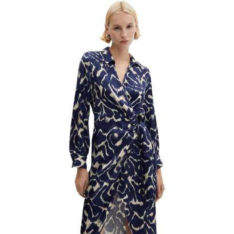 Robe longue bleue imprimé abstrait avec une coupe midi et un col v à revers - Image 4