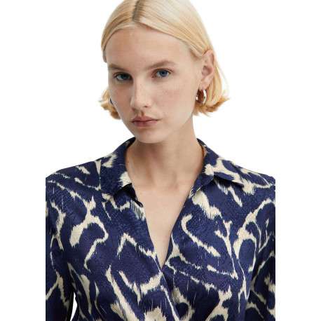 Robe longue bleue imprimé abstrait avec une coupe midi et un col v à revers - Image 5