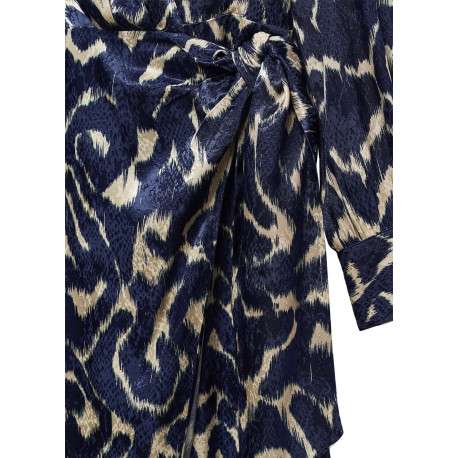 Robe longue bleue imprimé abstrait avec une coupe midi et un col v à revers - Image 6
