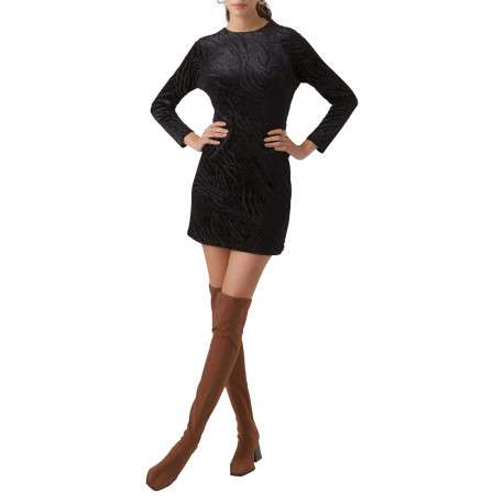 Robe courte noire en velours coupe près du corps col rond et à manches longues - Image 2