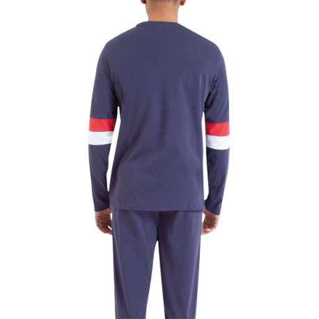 Pyjama long marine en coton avec une coupe droite et un col rond - Image 2