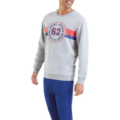 Pyjama long bleu et gris uni en coton mélangé à coupe droite et col rond