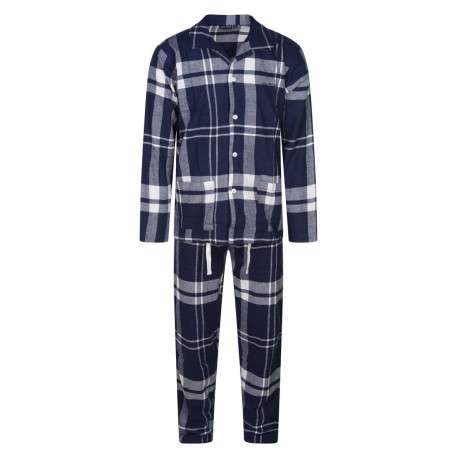 Pyjama long en coton marine à tartan avec une coupe droite et un col français