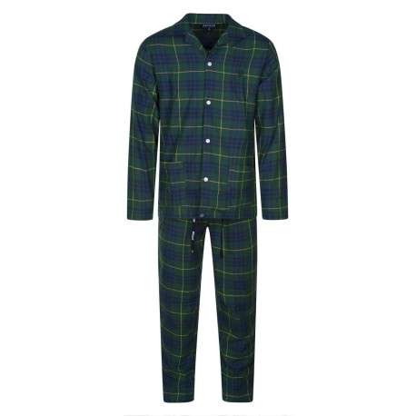 Pyjama long en coton sapin à tartan avec une coupe droite et un col français