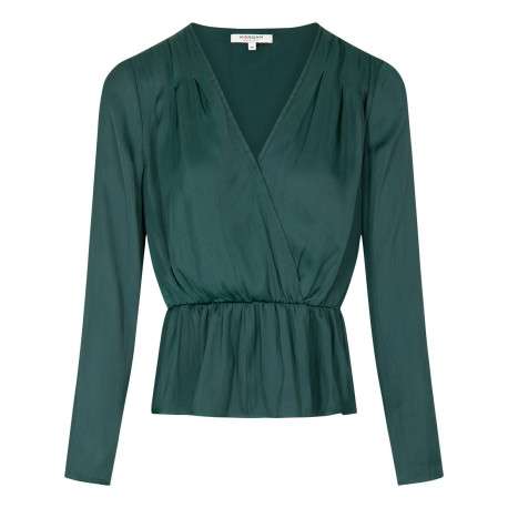 Blouse sapin en satin à coupe péplum col v et à manches longues