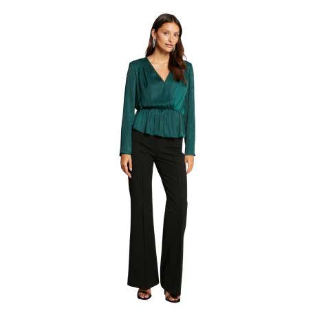 Blouse sapin en satin à coupe péplum col v et à manches longues - Image 3