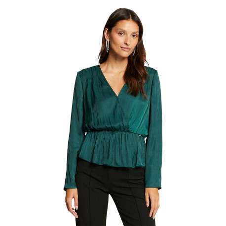 Blouse sapin en satin à coupe péplum col v et à manches longues - Image 4