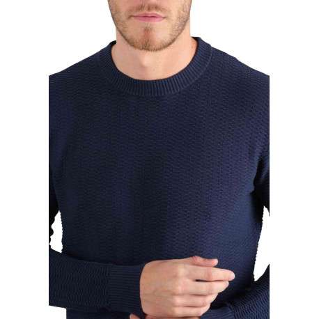 Pull en coton bleu marine uni en maille texturée et bords côtes - Image 2