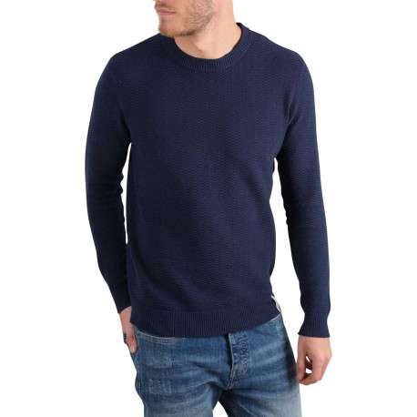Pull en coton bleu marine uni en maille texturée et bords côtes - Image 3