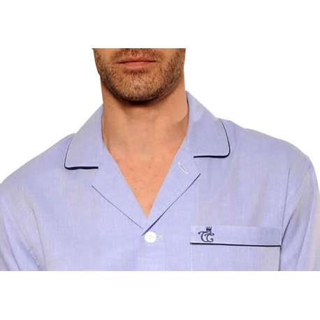 Veste de pyjama en popeline de coton ciel unie à coupe droite et col à revers - Image 3