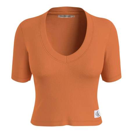 T-shirt en coton mélangé brique uni avec une coupe cropped et un col v
