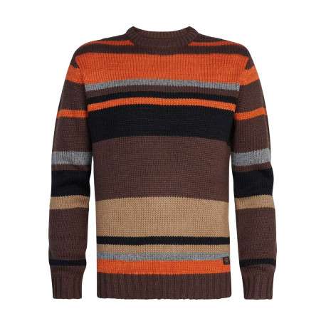 Pull marron rayé coupe droite avec un col rond et étiquette avec inscriptions