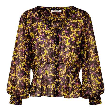 Blouse multicolore moucheté à coupe péplum col v et à manches longues