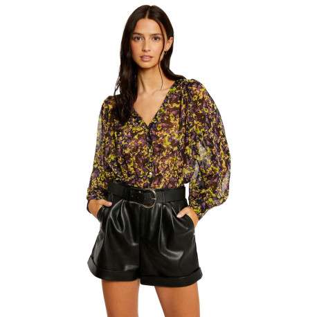 Blouse multicolore moucheté à coupe péplum col v et à manches longues - Image 4