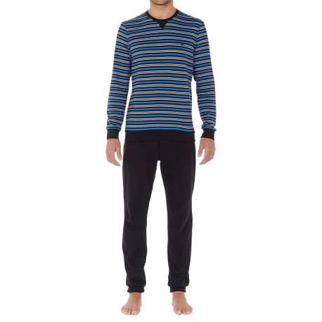 Pyjama long en coton bleu à rayures avec coupe fermée et col rond