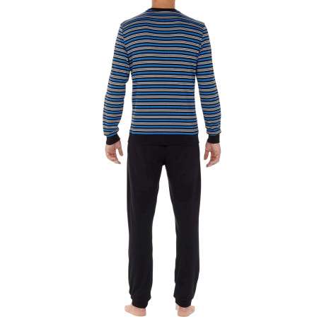 Pyjama long en coton bleu à rayures avec coupe fermée et col rond - Image 2